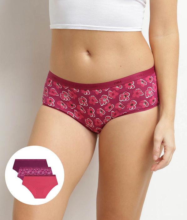 DIM Pack of 3 women's stretch cotton boxer shorts in Ruby Flowers by Les Pockets