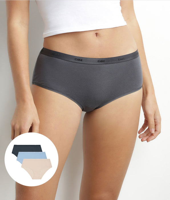 DIM Pack of 3 women's stretch cotton boxers Beige Blue Grey Les Pockets Ecodim