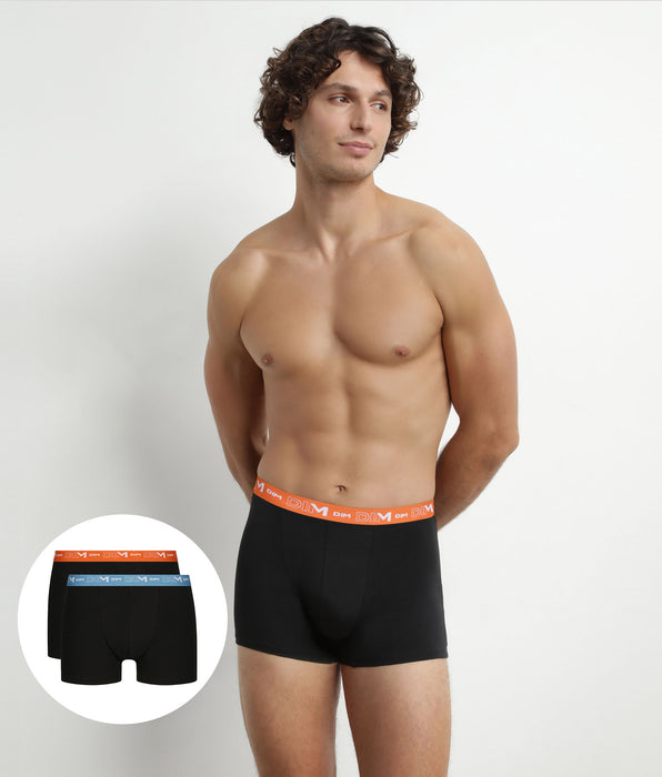 DIM Pack of 2 Men's Black Boxers with Blue and Orange Dim Cotton Stretch Waistband