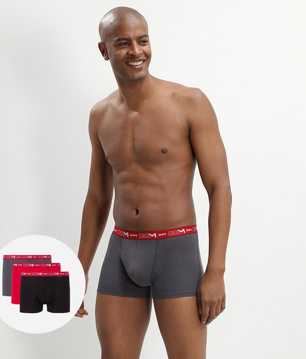 DIM Pack of 3 pairs of Coton Stretch grey, chilli red and black trunks