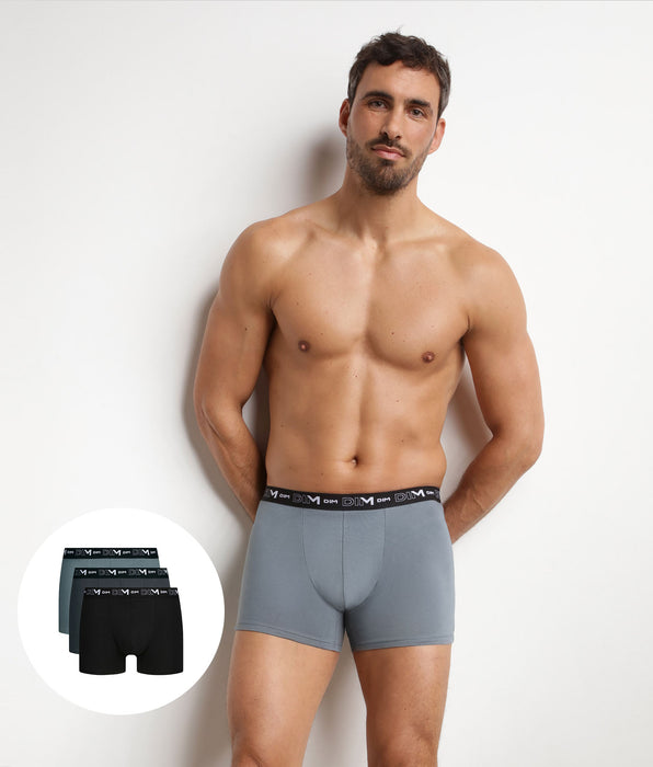DIM Pack of 3 men's boxer shorts in black and grey with contrasting waistband Dim Cotton Stretch