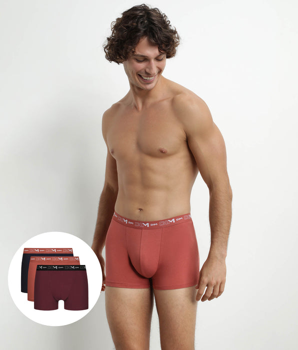 DIM Pack of 3 Men's Boxers Black Brown Terracotta Chiné Dim Cotton Stretch