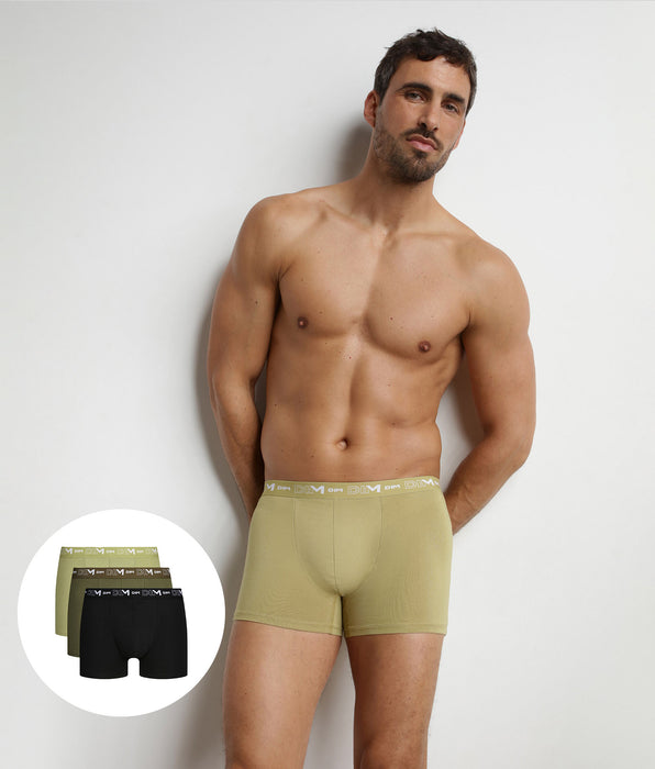 DIM Pack of 3 men's boxer shorts in Black, Sand and contrasting waistband by Dim Coton Stretch