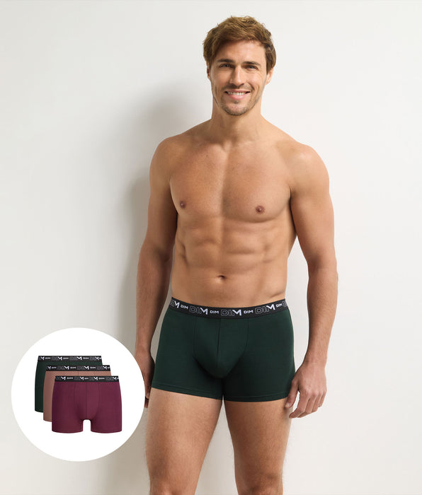 DIM Pack of 3 men's boxer briefs in dark green, caramel and fig Coton Stretch