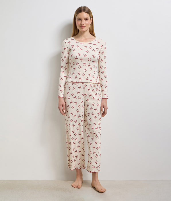 DIM Women's long ribbed cotton trousers pearly ivory Cozy Christmas