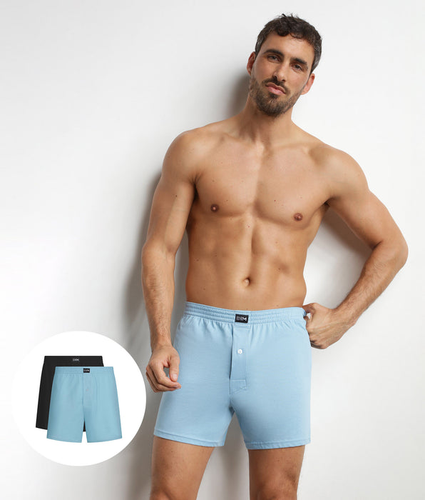 DIM Pack of 2 men's cotton boxer shorts in Black and Horizon Blue