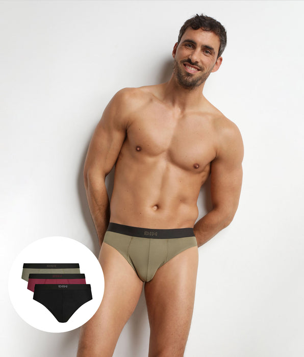 DIM Pack of 3 men's briefs in cotton Black Khaki Red Pure Comfort