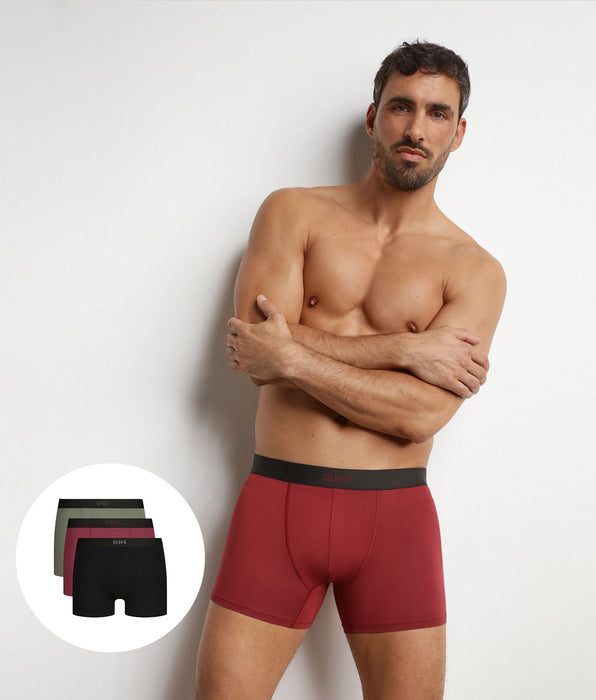 DIM Pack of 3 men's cotton boxer shorts in Black, Khaki and Bright Red Pur Confort