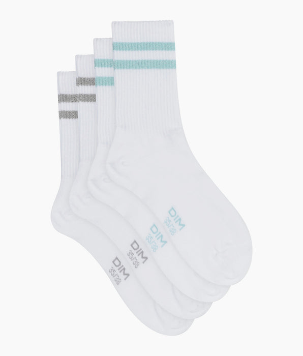DIM Pack of 2 pairs of white ribbed cotton socks with blue-grey lurex Dim Mode