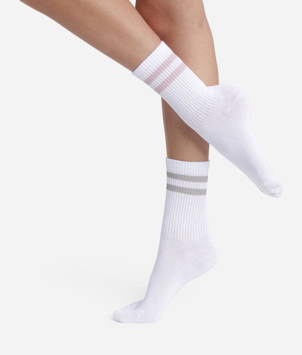 DIM Pack of 2 pairs of white ribbed cotton socks with pink and silver lurex Dim Mode