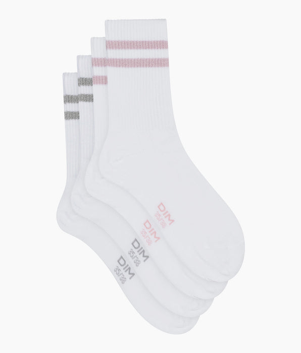 DIM Pack of 2 pairs of white ribbed cotton socks with pink and silver lurex Dim Mode