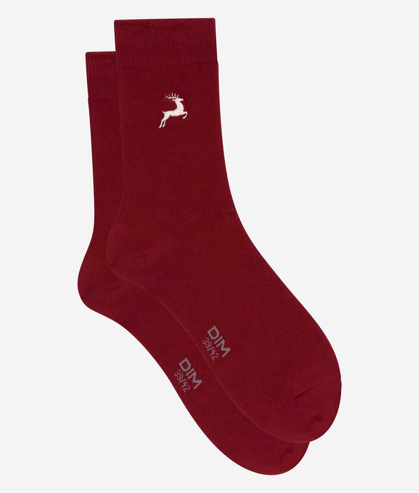 DIM Men’s dark red mid-calf socks with reindeer pattern Coton Fancy