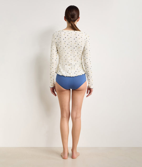 DIM Long-sleeve boat-neck ribbed cotton top in ecru with floral print Slow Days Fresh Vibes